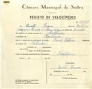 Registo de velocípede de marca Famel, com o nº 9597, em nome de Duarte Franco, morador em Montelavar.