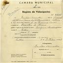 Registo de velocípede Champion, com o nº 2228, em nome de Emílio Canada, morador em Covas, Rio de Mouro.