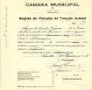 Registo de um veiculo de duas rodas tirado por um animal de espécie muar destinado a transporte de mercadorias em nome de Nuno da Cunha Ferreira, morador em Albarraque.