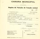 Registo de um veiculo de duas rodas tirado por um animal de espécie cavalar destinado a transporte de mercadorias em nome de José Dias Júnior, morador em Massamá.