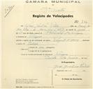 Registo de velocípede de marca Peugeot, com o nº 792, em nome de José Justino Patrão, morador em Terrugem.