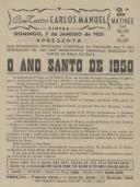 Programa da reportagem comentada em português, que é uma reprodução fiel das mais significativas cerimónias realizadas na capital da igreja católica O Ano Santo de 1950.