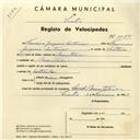 Registo de velocípede com o nº 4084, em nome de Francisco Gregório Antunes, morador em Montelavar.