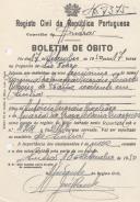 Boletim de óbito de Firmina da Conceição Morais Duarte Ribeiro, moradora em Sintra, sepultada no coval nº 7375, do cemitério de S. Marçal.