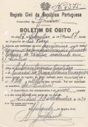 Boletim de óbito de Firmina da Conceição Morais Duarte Ribeiro, moradora em Sintra, sepultada no coval nº 7375, do cemitério de S. Marçal.