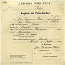 Registo de velocípede de marca Champion, com o nº 1915, em nome de João Francisco Pedro, morador em Magoito.