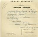 Registo de velocípede de marca Construteur, com o nº 775, em nome de Manuel Dinis Correia, morador em Eugaria.