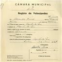 Registo de velocípede com o nº 4197, em nome de Alexandre Nunes, morador em Azenhas do Mar.