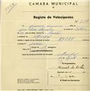 Registo de velocípede com o nº 2138, em nome de Joaquim Nogueira, morador em Mucifal.