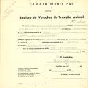 Registo de um veiculo de duas rodas tirado por dois animais de espécie bovina destinado a transporte de mercadorias em nome de Júlio Canas Pereira e Joel Canas Pereira, moradores no Casal de Vale Mourão, Cacém.