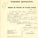 Registo de um veiculo de duas rodas tirado por dois animais de espécie asinina destinado a transporte de mercadorias em nome de Manuel Vicente Roque, morador em Alvarinhos.