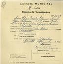 Registo de velocípede de marca Elios, com o nº 2541, em nome de Jaime Silvério Gonçalves Salgueiro, morador em Agualva.