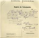 Registo de velocípede de marca Peugeot, com o nº 355, em nome de Delfim Carvalho, morador em Linhó.