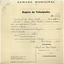 Registo de velocípede de marca Champion, com o nº 538, em nome de Manuel das Dores Duarte, morador em Odrinhas.