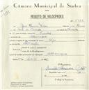 Registo de velocípede de marca Olga, com o nº 5143, em nome de João Ramos Dias, morador em Albarraque.