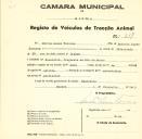 Registo de um veiculo de duas rodas tirado por um animal de espécie asinina destinado a transporte de mercadorias em nome de Carlos Manso Tavares, morador no Recoveiro.