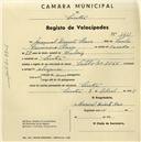 Registo de velocípede de marca Saltley, com o nº 1511, em nome de Manuel Duarte Raio, morador em Sintra.