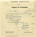 Registo de velocípede de marca Origam, com o nº 1543, em nome de Luciano Alves, morador em Queluz.
