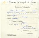 Registo de velocípede de marca Nacional, com o nº 9174, em nome de António Francisco Marcos, morador em Alfouvar.