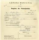Registo de velocípede com o nº 3714, em nome de Sebastião Pedro, morador em Belas.