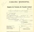 Registo de um veiculo de duas rodas tirado por dois animais de espécie bovina destinado a transporte de mercadorias em nome de Sociedade Civil Canas Cardim, sediada no Linhó. 