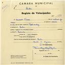 Registo de velocípede com o nº 1843, em nome de Armando Vieira, morador em Sintra.