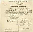 Registo de velocípede de marca Oriental, com o nº 98, em nome de Alberto Espírito Santo, morador em Rua Elias Garcia, Queluz.
