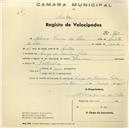 Registo de velocípede de marca Toman, com o nº 820, em nome de Álvaro Vieira da Silva, morador em Largo da Idanha, Belas.
