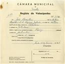 Registo de velocípede de marca Avis, com o nº 3390, em nome de João Anastácio, morador em Catribana.