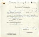 Registo de velocípede de marca Halleiner Motoren Werke, com o nº 9067, em nome de Manuel Gomes de Sousa, morador em Avª Dr. Bombarda, Queluz.