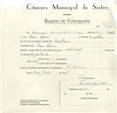 Registo de velocípede de marca Nacional, com o nº 9118, em nome de Bernardino Manuel António Baleia, morador em D. Maria.