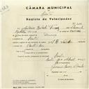 Registo de velocípede de marca Valadas, com o nº 4586, em nome de António Batista Ferraz, morador em Sintra.
