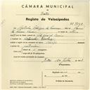 Registo de velocípede de marca Phillips, com o nº 3740, em nome de Agostinho Rodrigues da Fonseca, morador em Rinchoa.