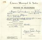 Registo de velocípede de marca Sachs, com o nº 9351, em nome de Joaquim Coutinho Branco, morador em Odrinhas.