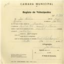 Registo de velocípede de marca Oriental, com o nº 2986, em nome de José Ferreira, morador em Casal de Vale Mourão, Cacém.