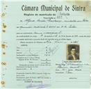 Registo de matricula de velocipedista em nome de Alfredo Duarte Mendonça, morador em Belas, com o nº de inscrição 805.
