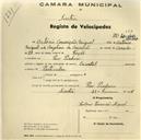 Registo de velocípede de marca Oriental, com o nº 347, em nome de António Conceição Miguel, morador em Pero Pinheiro.