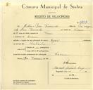 Registo de velocípede de marca Especial, com o nº 9737, em nome de António Pires Fernandes, morador em Cacém.