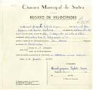 Registo de velocípede com o nº 9494, em nome de Manuel Joaquim Batista Lopes, morador em Queluz.