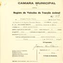 Registo de um veiculo de duas rodas tirado por dois animais de espécie bovina destinado a transporte de mercadorias em nome de Joaquim Duarte Resina, morador em Monte Santos em Sintra.