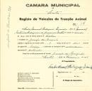 Registo de um veiculo de duas rodas tirado por dois animais de espécie bovina destinado a transporte de mercadorias em nome de Carlos Manuel Rodrigues Zenida, morador na Granja do Marquês.