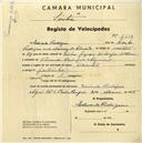 Registo de velocípede de marca Oriental, com o nº 1694, em nome de Eduardo Rodrigues, morador em Vivenda Rodrigues, Algueirão.