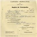 Registo de velocípede de marca Saltley, com o nº 1509, em nome de Manuel Duarte Raio, morador em Sintra.
