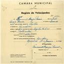 Registo de velocípede de marca Helios, com o nº 2274, em nome de Fernando Bexiga Pereira, morador em Agualva.