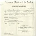 Registo de velocípede com o nº 4945, em nome de Albino Pedro Alves, morador em Cabrela.