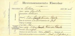 Recenseamento escolar de Cândida Paulo, filha de Pedro Tomar Paulo, moradora no Mucifal.