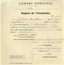 Registo de velocípede com o nº 1122, em nome de Michel Brusthem, morador em Quinta do Coração de Jesus, S. Pedro de Sintra.