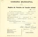 Registo de um veiculo de duas rodas tirado por um animal de espécie cavalar destinado a transporte de mercadorias em nome de Carlos Augusto Fernandes, morador na Adabeja.