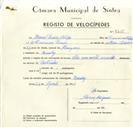 Registo de velocípede de marca Vilar, com o nº 9215, em nome de Manuel Pereira Filipe, morador em Queluz.