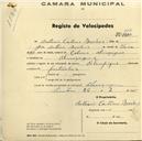 Registo de velocípede de marca Olympique, com o nº 514, em nome de António Caetano Mechas, morador em Almoçageme.